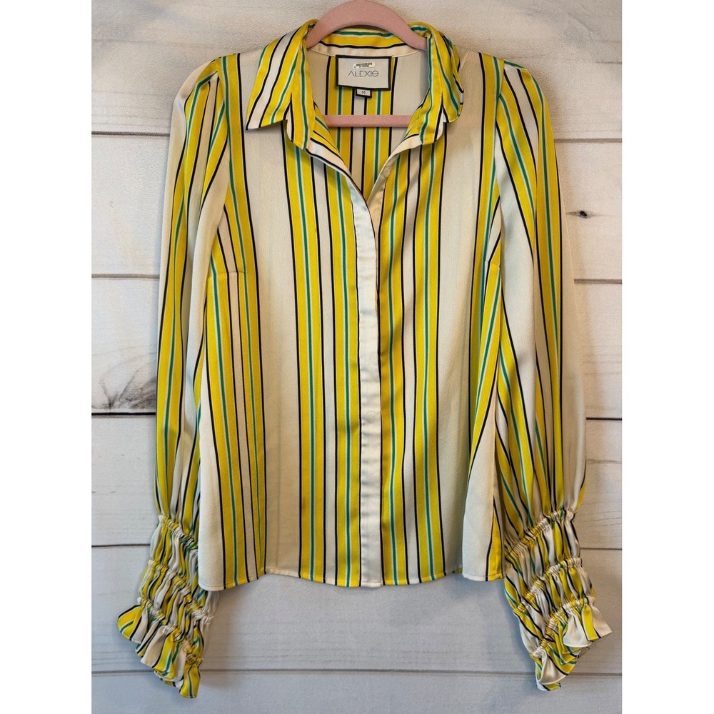 Alexis Yellow Green Striped Button Down Blouse Smocked Ruffle Cuff Size Medium